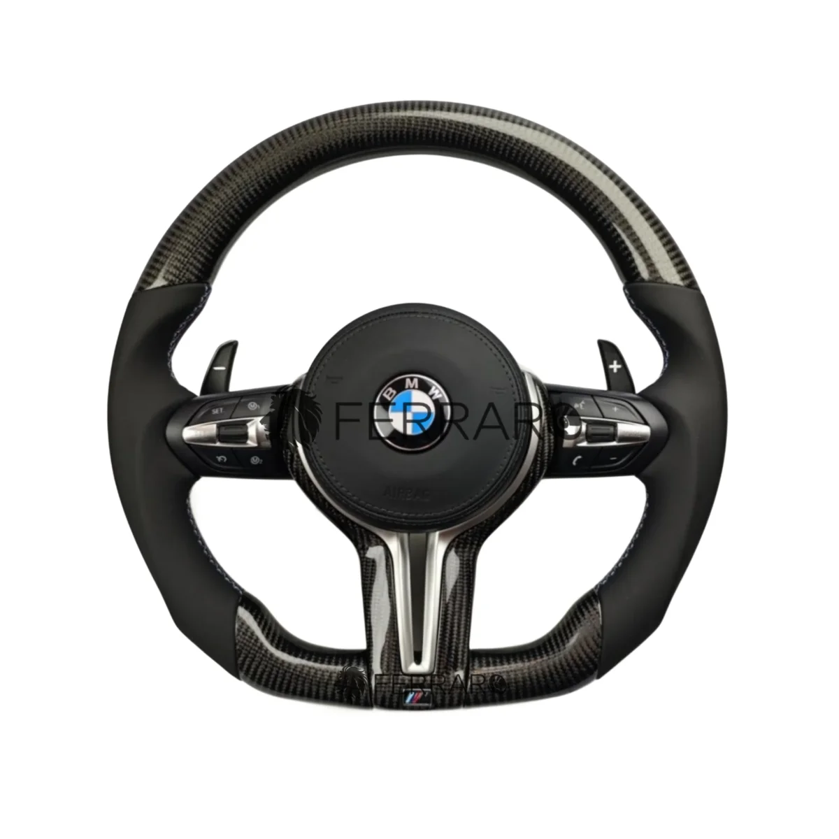 Volante per BMW, Carbonio Obliquo, Pelle Nera, Filo Tricolore